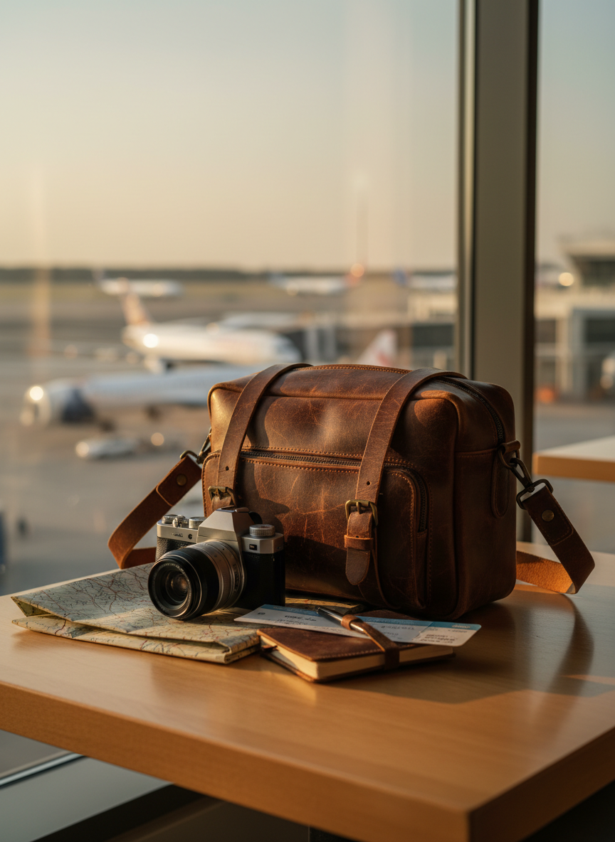 A well-traveled vintage-style leather camera bag resting on a smooth wooden café table near an airport window, its worn straps and brass buckles catching subtle highlights. A mirrorless camera with a prime lens peeks from the unzipped top, surrounded by a folded paper map, a neatly stacked travel journal, and a boarding pass with text too blurred to read. Outside the large glass, distant airplanes sit softly out of focus on the tarmac. Late afternoon natural light pours in, creating a warm, sophisticated glow and gentle reflections on the tabletop. Photographic realism, shot at eye level with a shallow depth of field, evoking quiet anticipation and reflective travel planning during a season of transition.
