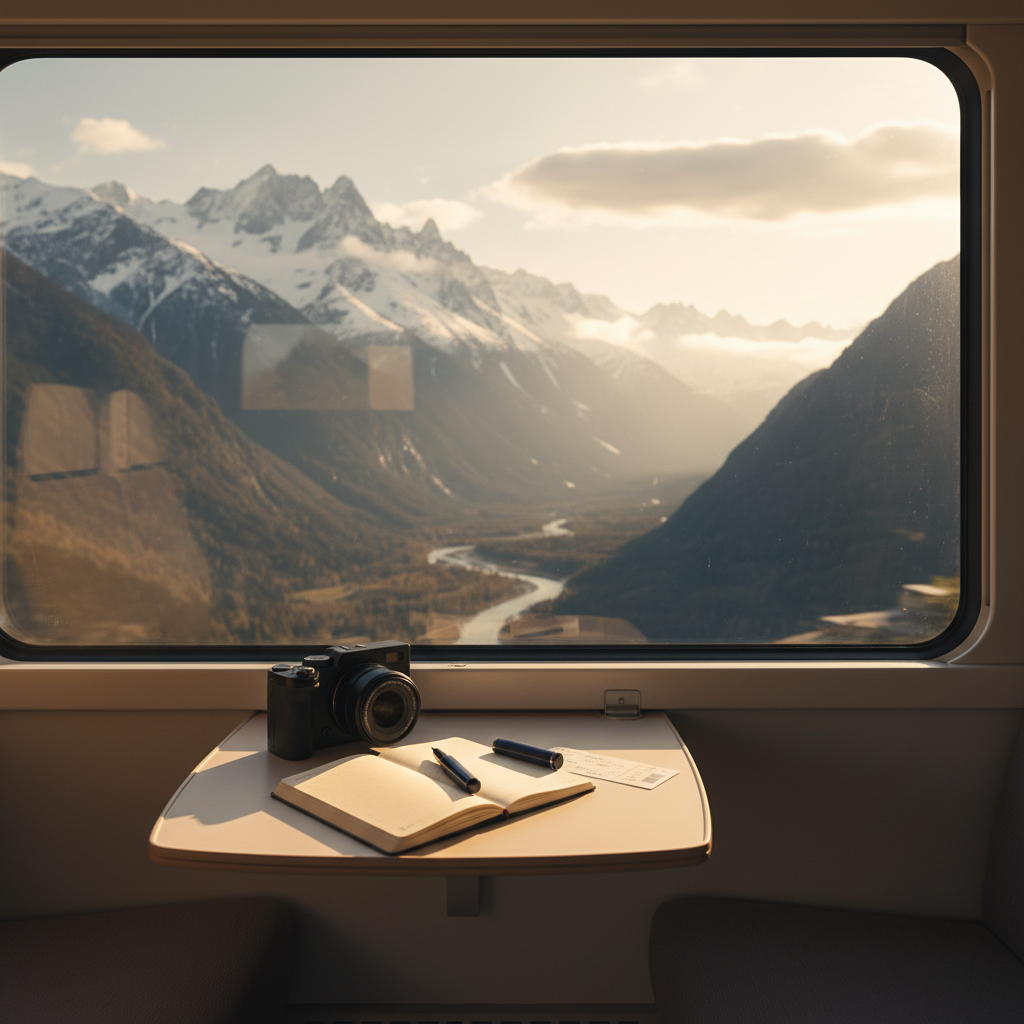 A minimalist train compartment scene with a single wide window framing a sweeping alpine landscape of snow-dusted peaks and a winding river below. On the small fold-out table beneath the window lies a sleek mirrorless camera, a half-filled notebook with an uncapped fountain pen resting diagonally, and a neatly folded rail ticket turned just enough that any text is unreadable. Soft golden hour light streams through the glass, washing the interior in warm tones and casting long, elegant shadows. Captured from a slightly elevated angle in photographic realism, the depth of field keeps both the table and blurred mountains visible, creating a refined, introspective mood of slow travel and in-between seasons of life.