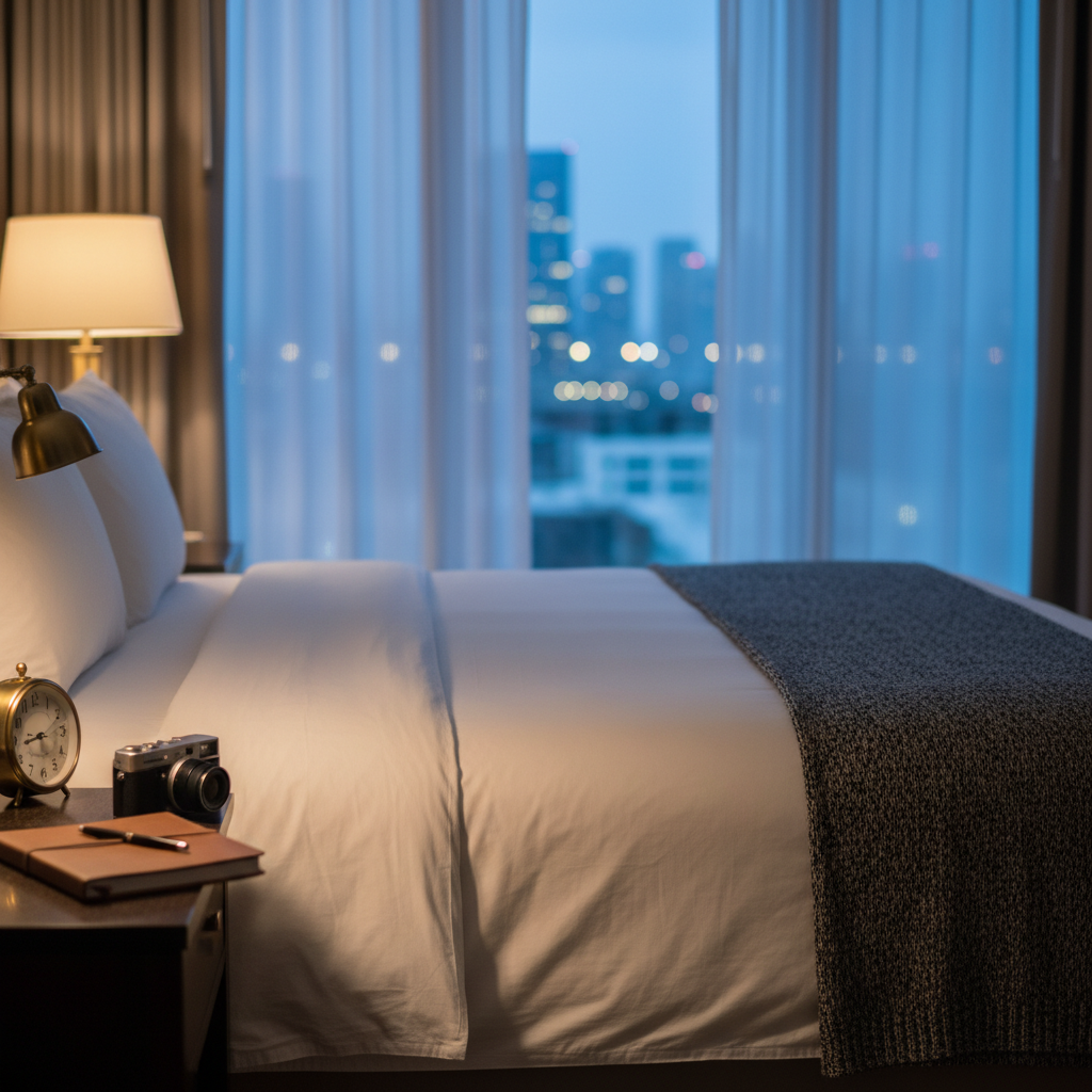 An intimate hotel room vignette showing a neatly made bed with crisp white linens and a charcoal-gray throw casually draped at the foot. On the bedside table sits a small analog alarm clock, a leather-bound notebook slightly ajar, and a compact point-and-shoot camera with a subtle metallic finish. Beyond, sheer curtains soften the view of a distant city skyline at blue hour, with tiny lights beginning to sparkle out of focus. Cool, ambient window light mixes with the warm glow of a single bedside lamp, creating layered, sophisticated contrast. Photographic realism, shot at eye level with a shallow depth of field, conveys a reflective pause between travel days, capturing the emotional texture of transition and temporary homes.