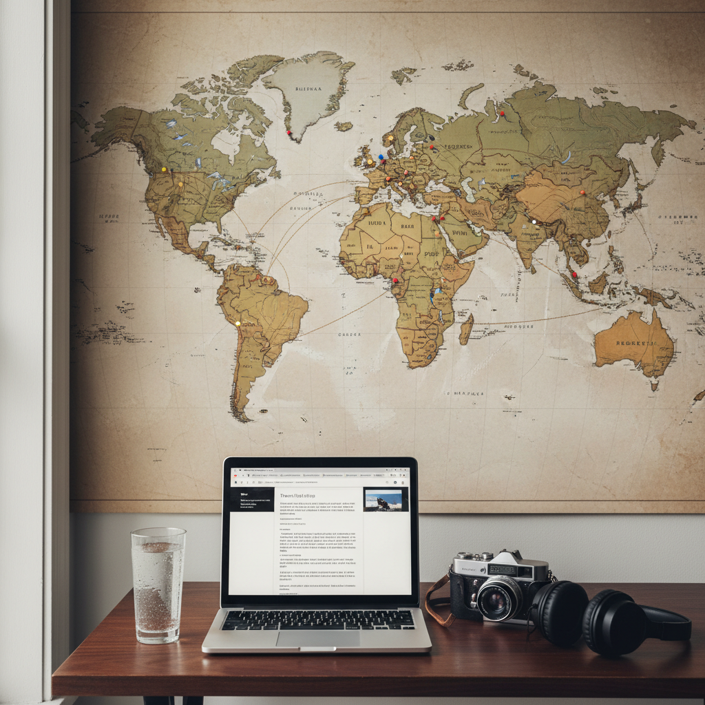 A large wall map with soft, muted earth tones covers the background, its surface dotted with tiny colored pins and slim pieces of twine forming delicate paths between distant cities. In the foreground, an open laptop sits on a dark walnut desk beside a compact travel camera, a pair of noise-cancelling headphones, and a slim glass of sparkling water with faint condensation. Overcast window light from the side casts a diffused, even illumination, reducing harsh shadows and emphasizing textures of paper and metal. The composition follows the rule of thirds, with the map dominating the upper frame and the planning tools below, conveying a calm, sophisticated approach to future journeys and thoughtful storytelling.