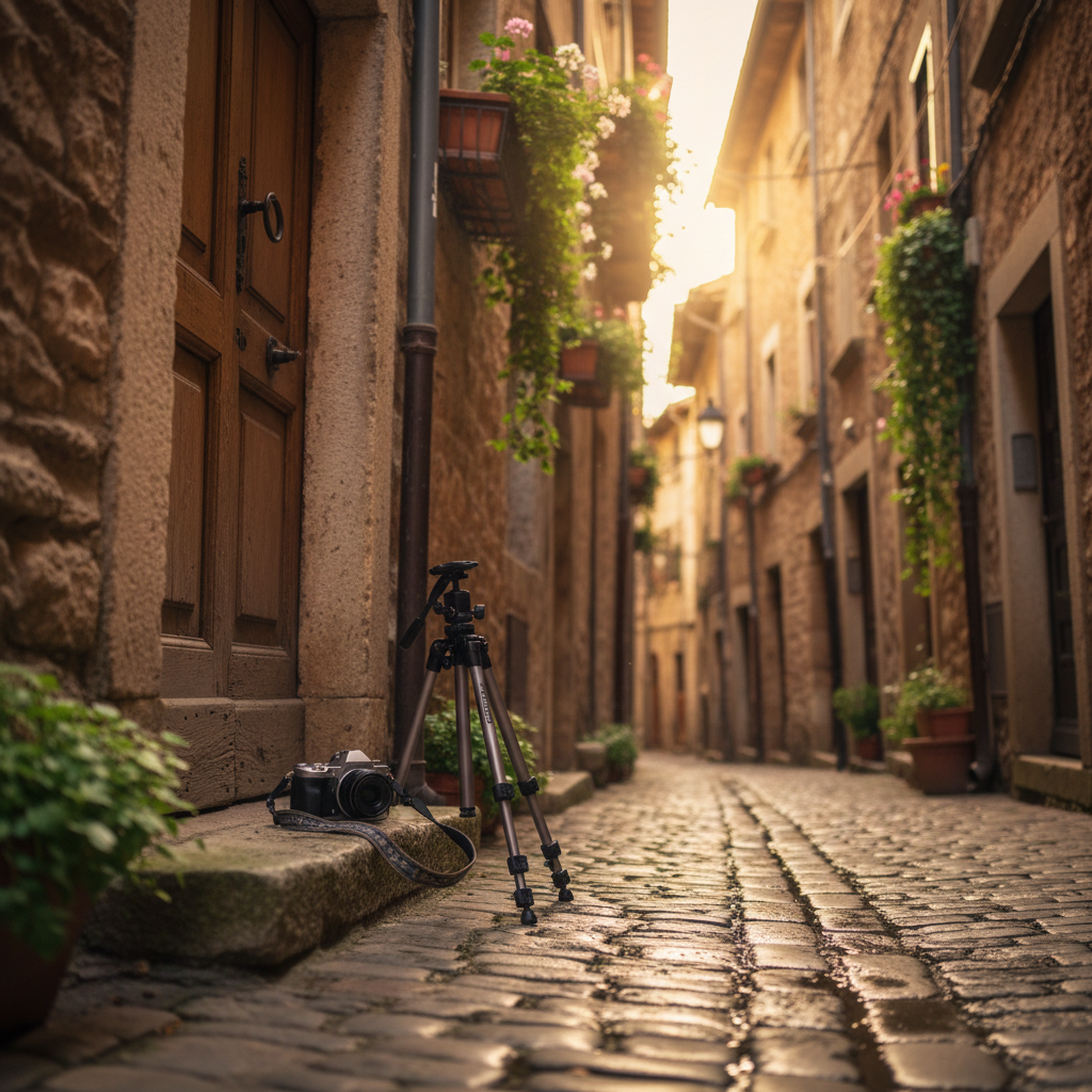 A narrow cobblestone alley in an old European town, captured in photographic realism from a low, slightly off-center angle. Smooth, time-worn stones glisten subtly from a recent drizzle, reflecting the warm glow of late afternoon sunlight filtering between tall, weathered stone buildings. A small travel tripod stands neatly folded against a rustic doorway, next to a compact camera set down on a low stone ledge, its strap casually curled. Flower boxes with deep green leaves and pale blossoms spill gently from windowsills, and faint laundry lines stretch high above, softly blurred. The mood is unhurried and contemplative, emphasizing authentic, unstaged travel moments and quiet details discovered while wandering alone with a camera.